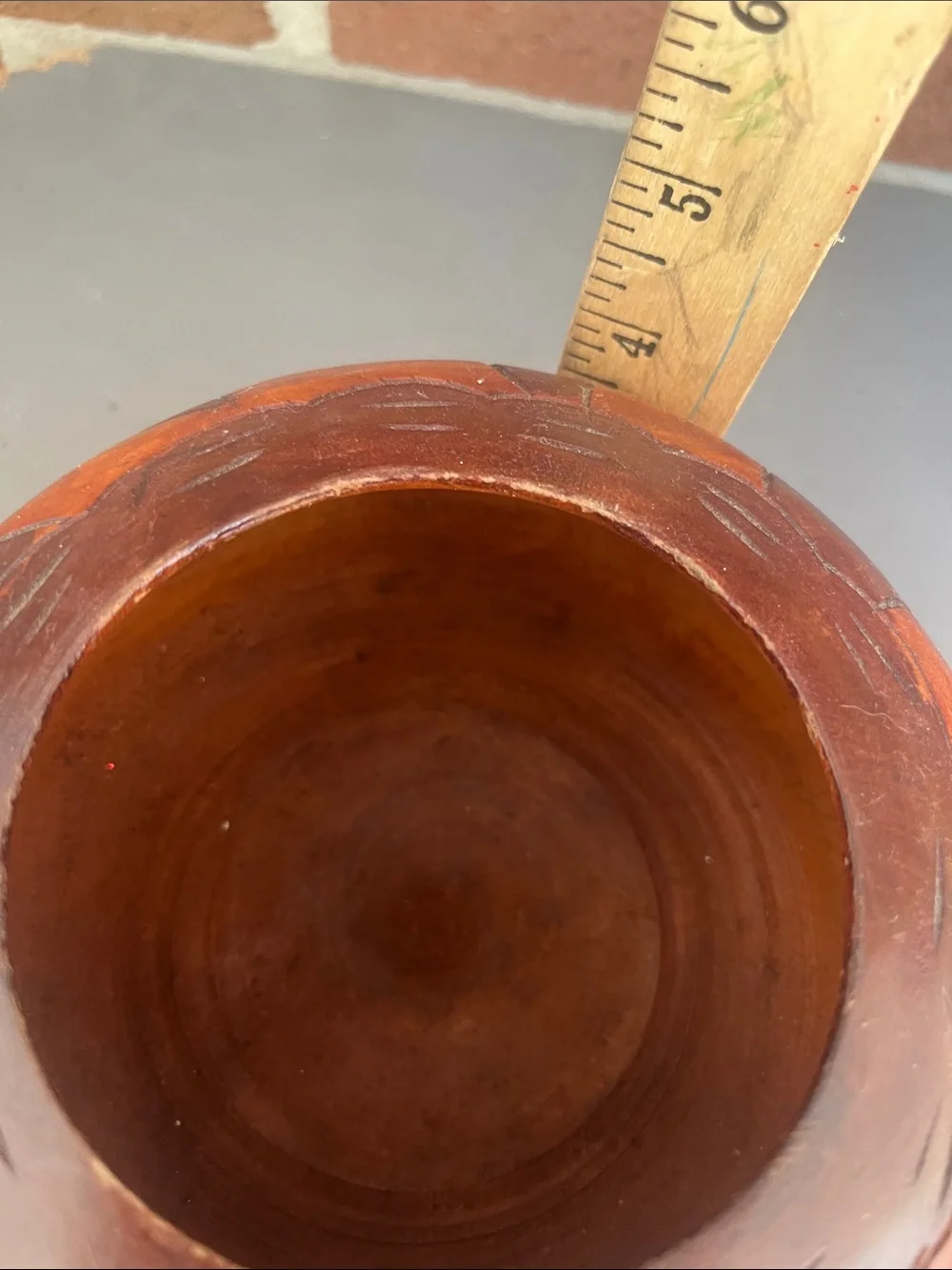 Vintage Hand-Carved Turned Wood Bowl Warm Brown Finish with Fish & Floral Design